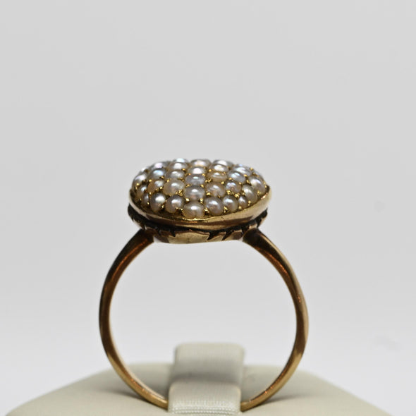 Victorian Heart Pearl Pave Yellow Gold Ring