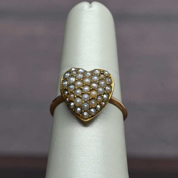 Victorian Heart Pearl Pave Yellow Gold Ring