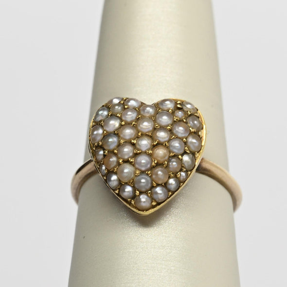 Victorian Heart Pearl Pave Yellow Gold Ring