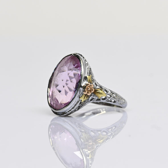 Art Deco 7ct Amethyst Oval 14k White Gold Filigree Ring