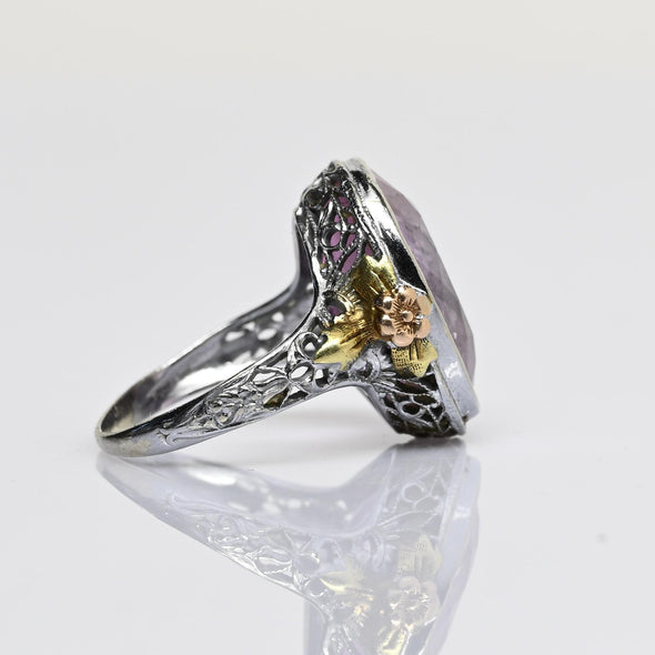 Art Deco 7ct Amethyst Oval 14k White Gold Filigree Ring