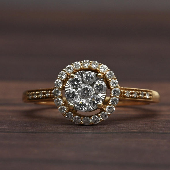 Diamond Cluster Illusion Head Halo Cathedral Shoulder 14k Yellow Gold Ring