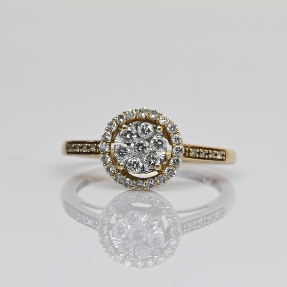 Diamond Cluster Illusion Head Halo Cathedral Shoulder 14k Yellow Gold Ring