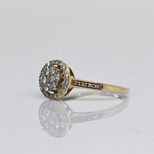 Diamond Cluster Illusion Head Halo Cathedral Shoulder 14k Yellow Gold Ring