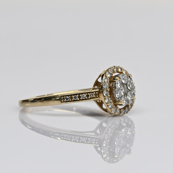 Diamond Cluster Illusion Head Halo Cathedral Shoulder 14k Yellow Gold Ring