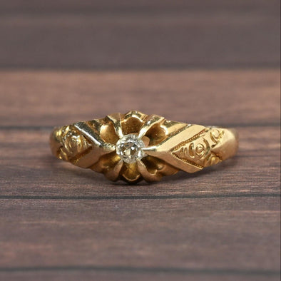 Old Mine Cut Diamond Belcher 14k Yellow Gold Solitaire Ring