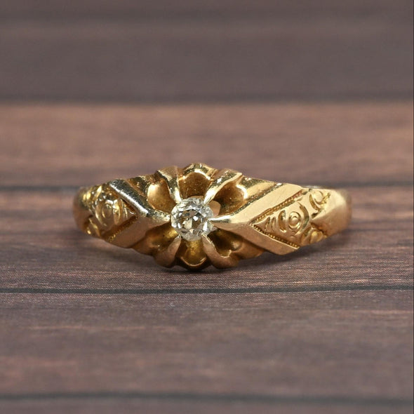 Old Mine Cut Diamond Belcher 14k Yellow Gold Solitaire Ring