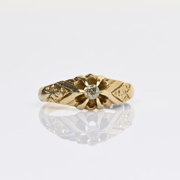 Old Mine Cut Diamond Belcher 14k Yellow Gold Solitaire Ring