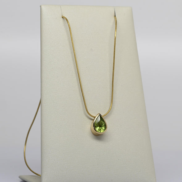 Peridot Pear Bezel Set Gold Pendant Snake Chain Necklace