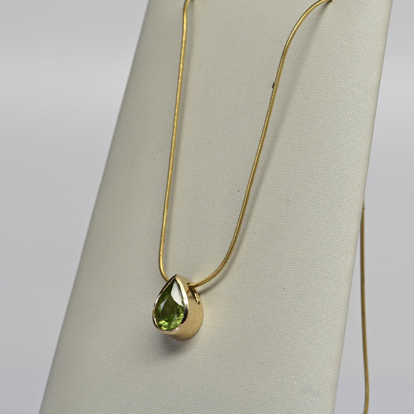 Peridot Pear Bezel Set Gold Pendant Snake Chain Necklace