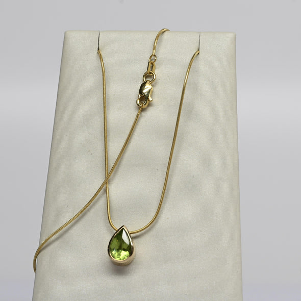Peridot Pear Bezel Set Gold Pendant Snake Chain Necklace
