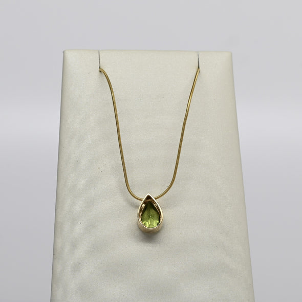 Peridot Pear Bezel Set Gold Pendant Snake Chain Necklace