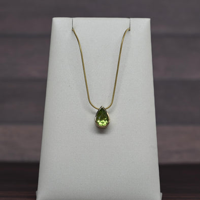 Peridot Pear Bezel Set Gold Pendant Snake Chain Necklace