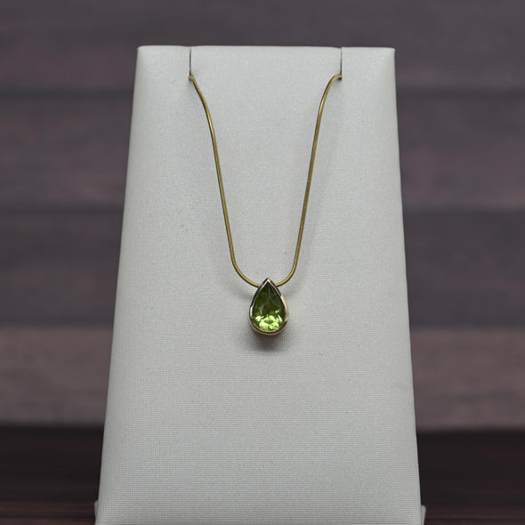 Peridot Pear Bezel Set Gold Pendant Snake Chain Necklace