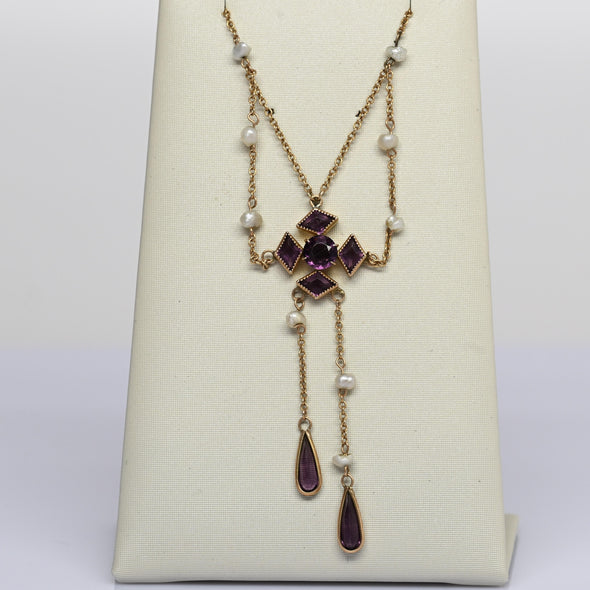 Antique Purple Amethyst Lariat Pearl Station Yellow Gold Necklace