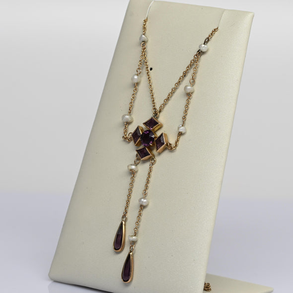 Antique Purple Amethyst Lariat Pearl Station Yellow Gold Necklace