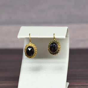 Vintage Garnet Rose Cut Oval Yellow Gold Dangle Earrings