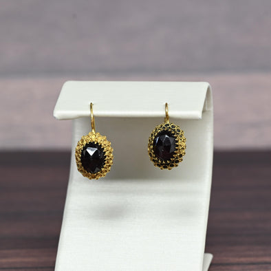 Vintage Garnet Rose Cut Oval Yellow Gold Dangle Earrings