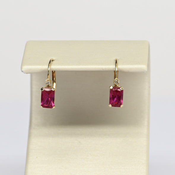 Vintage Ruby & Diamond Emerald Cut Gemstone 14k Yellow Gold Lever Back Earrings