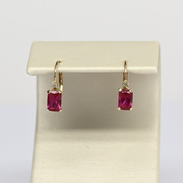 Vintage Ruby & Diamond Emerald Cut Gemstone 14k Yellow Gold Lever Back Earrings