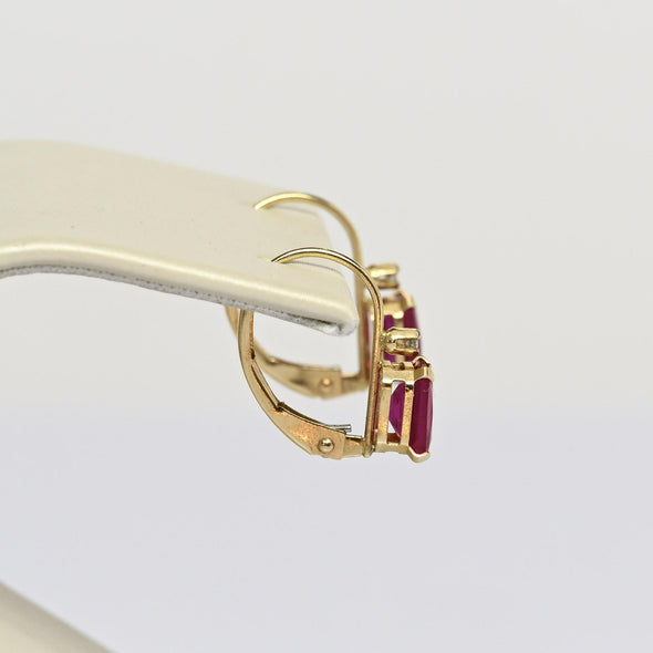 Vintage Ruby & Diamond Emerald Cut Gemstone 14k Yellow Gold Lever Back Earrings