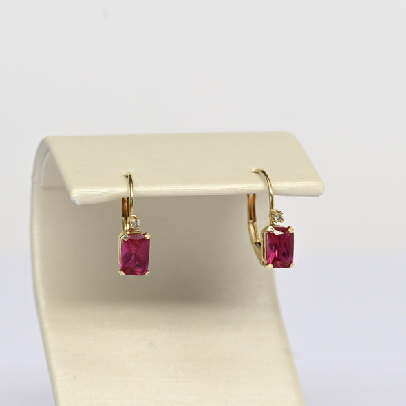 Vintage Ruby & Diamond Emerald Cut Gemstone 14k Yellow Gold Lever Back Earrings