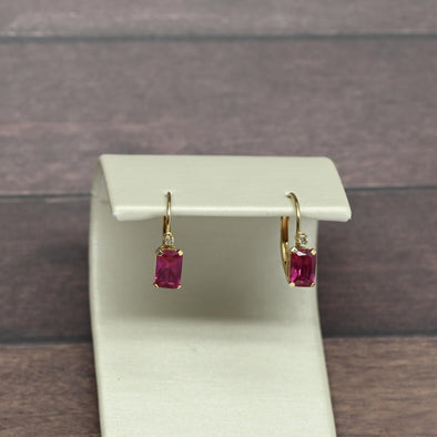 Vintage Ruby & Diamond Emerald Cut Gemstone 14k Yellow Gold Lever Back Earrings