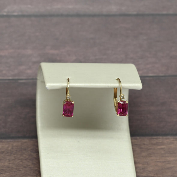 Vintage Ruby & Diamond Emerald Cut Gemstone 14k Yellow Gold Lever Back Earrings