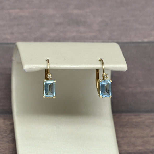 Vintage Blue Topaz Emerald Cut Gemstone 14k Yellow Gold Lever Back Earrings