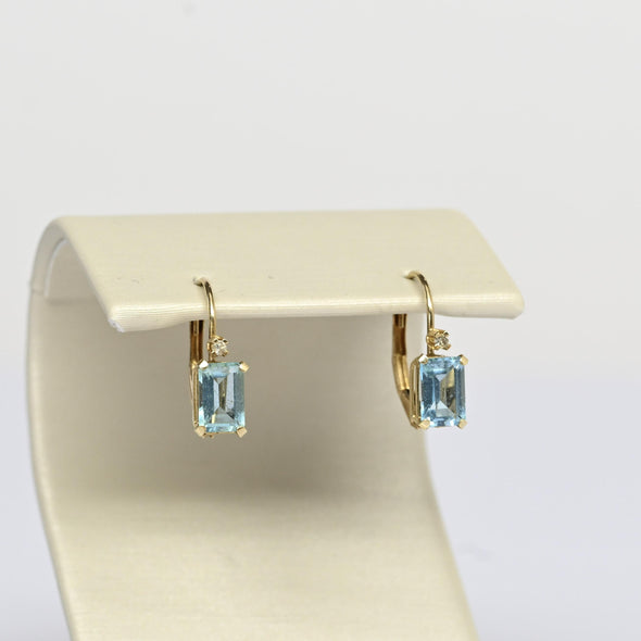 Vintage Blue Topaz Emerald Cut Gemstone 14k Yellow Gold Lever Back Earrings