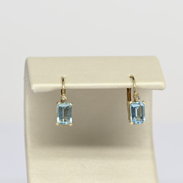 Vintage Blue Topaz Emerald Cut Gemstone 14k Yellow Gold Lever Back Earrings