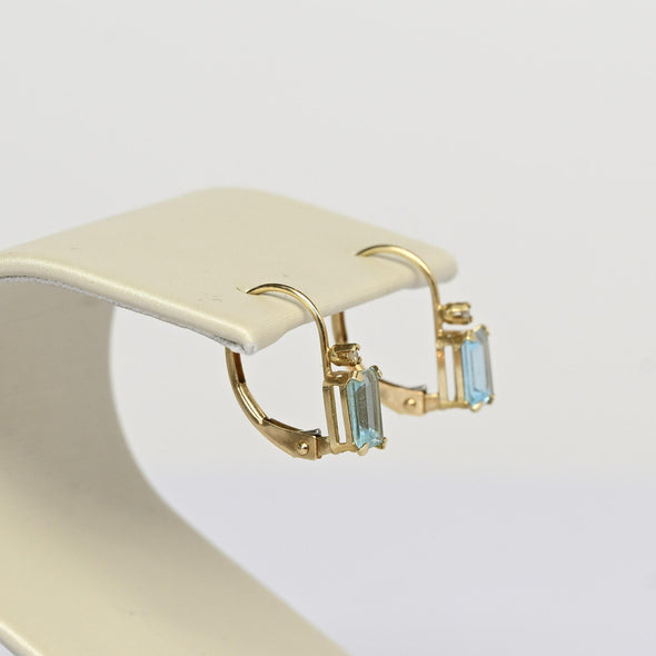 Vintage Blue Topaz Emerald Cut Gemstone 14k Yellow Gold Lever Back Earrings