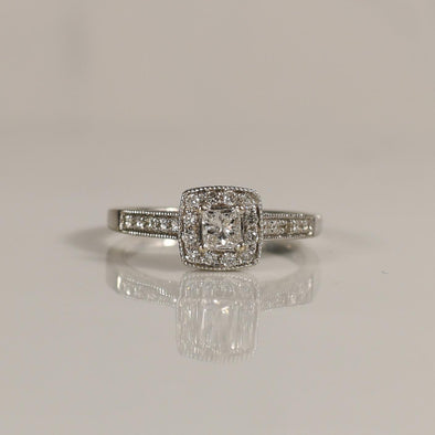 3/4cttw Princess Cut Diamond Halo Engagement Ring in 14k White Gold