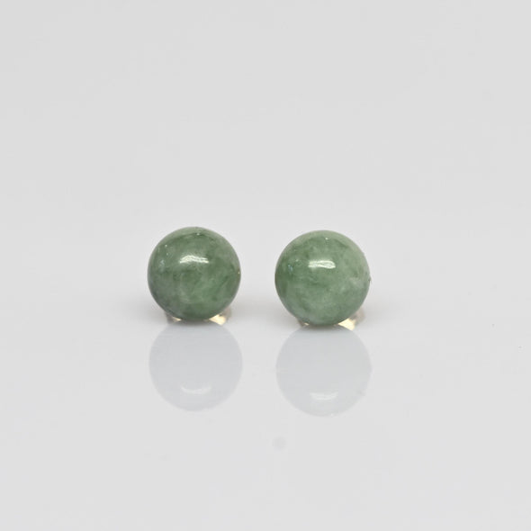 Vintage Green Jade 8mm Ball 14k Gold Stud Earrings