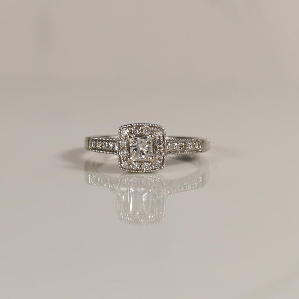 3/4cttw Princess Cut Diamond Halo Engagement Ring in 14k White Gold