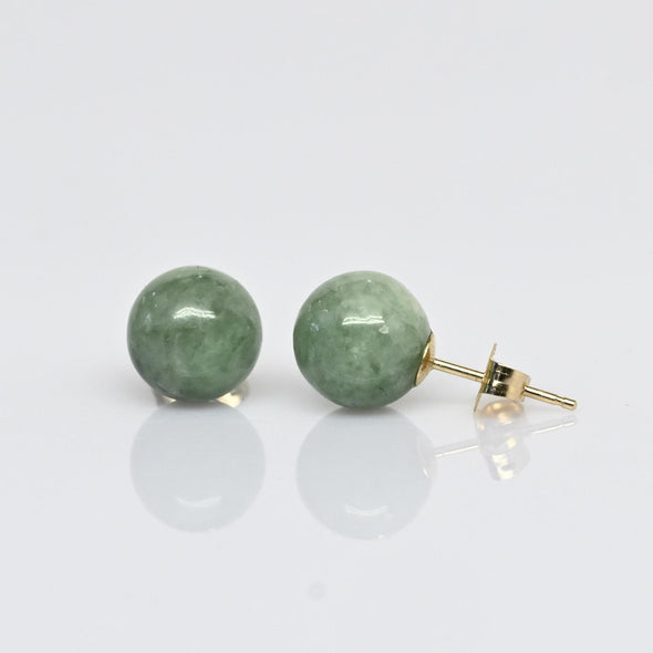 Vintage Green Jade 8mm Ball 14k Gold Stud Earrings