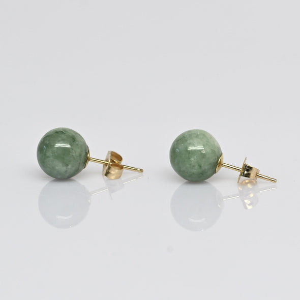 Vintage Green Jade 8mm Ball 14k Gold Stud Earrings