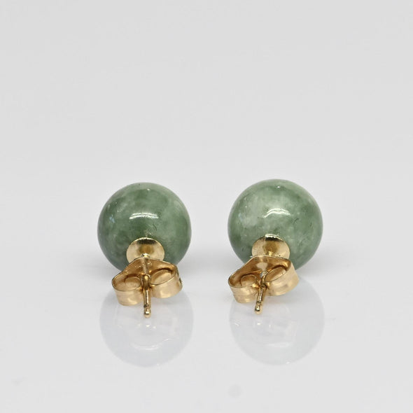 Vintage Green Jade 8mm Ball 14k Gold Stud Earrings