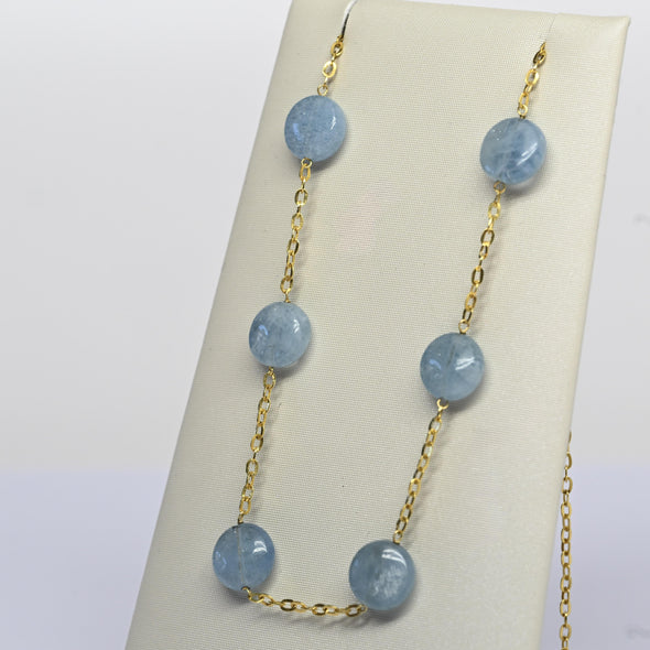 Vintage Aquamarine Bead Cable Chain 24" 1.5mm 14K Yellow Gold Station Necklace