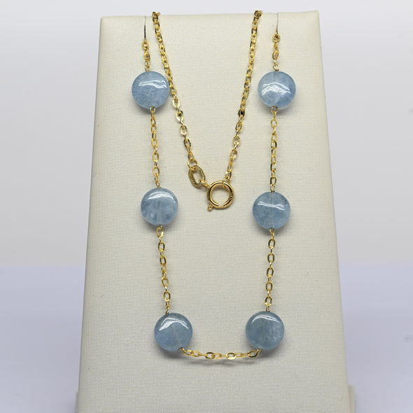 Vintage Aquamarine Bead Cable Chain 24" 1.5mm 14K Yellow Gold Station Necklace