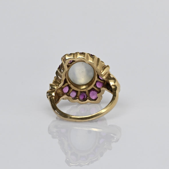 Victorian Moonstone & Ruby 14k Yellow Gold Ring
