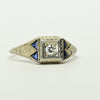 Art Deco Old European Diamond Blue Sapphire Tri 20K White Gold Engagement Ring