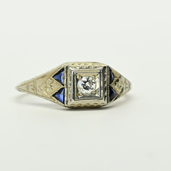 Art Deco Old European Diamond Blue Sapphire Tri 20K White Gold Engagement Ring