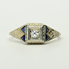 Art Deco Old European Diamond Blue Sapphire Tri 20K White Gold Engagement Ring