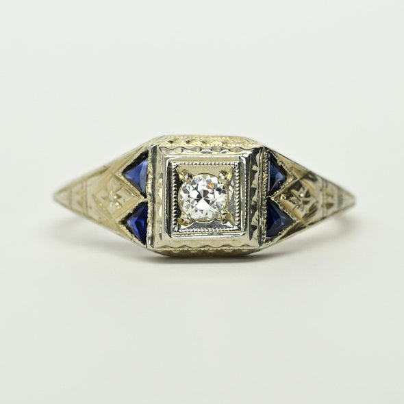 Art Deco Old European Diamond Blue Sapphire Tri 20K White Gold Engagement Ring
