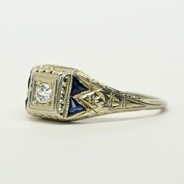 Art Deco Old European Diamond Blue Sapphire Tri 20K White Gold Engagement Ring