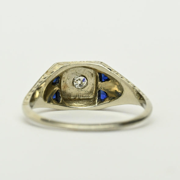 Art Deco Old European Diamond Blue Sapphire Tri 20K White Gold Engagement Ring