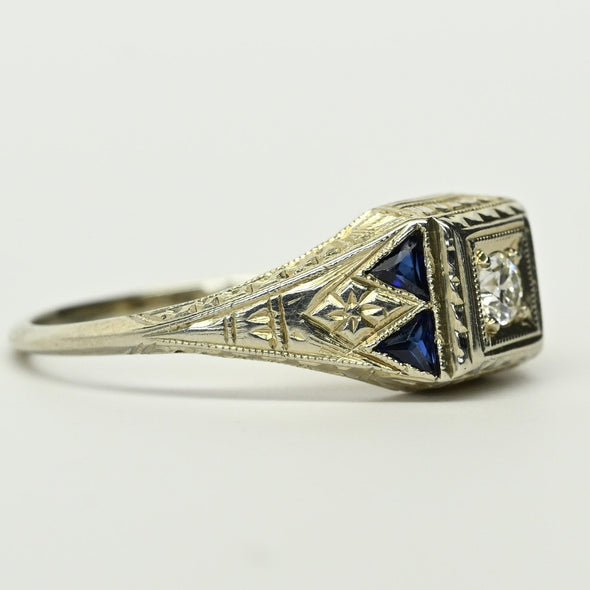 Art Deco Old European Diamond Blue Sapphire Tri 20K White Gold Engagement Ring