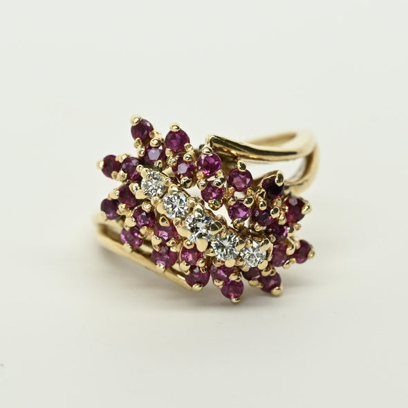 1ctw Ruby and Diamond 14K Gold Cluster Ring