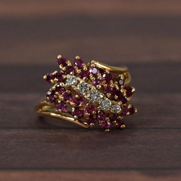 1ctw Ruby and Diamond 14K Gold Cluster Ring